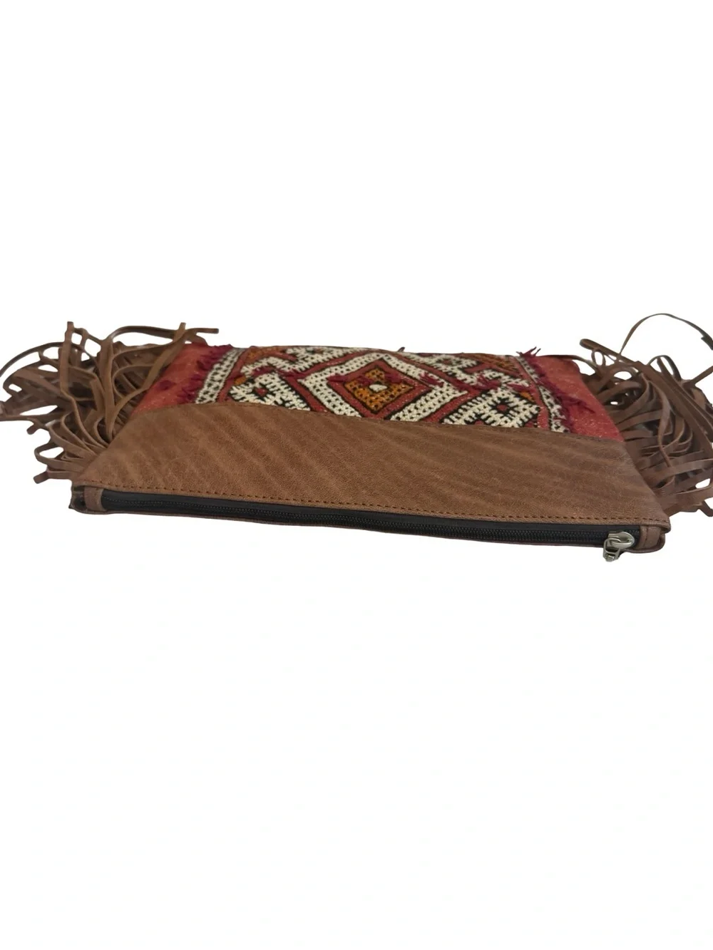 Gift From Morocco Brown Faux Leather Clutch Bag Purse Fringe Handbag Vegan